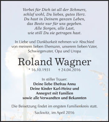 Traueranzeige von Roland Wagner von Super Sonntag Wittenberg