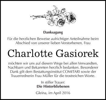 Traueranzeige von Charlotte Gasiorek von Super Sonntag Zeitz
