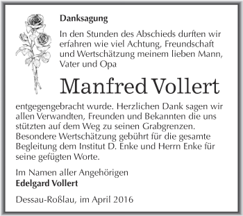 Traueranzeige von Manfred Vollert von WVG - Wochenspiegel Dessau / Köthen