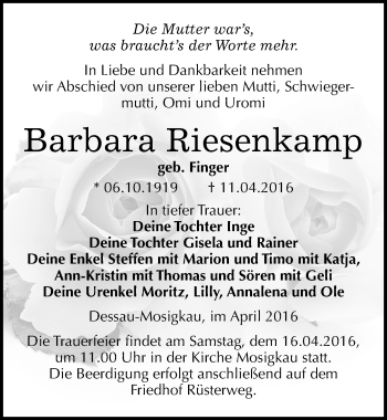 Traueranzeige von Barbara Riesenkamp von Mitteldeutsche Zeitung Dessau-Roßlau