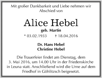 Traueranzeige von Alice Hebel von Mitteldeutsche Zeitung Merseburg/Querfurt