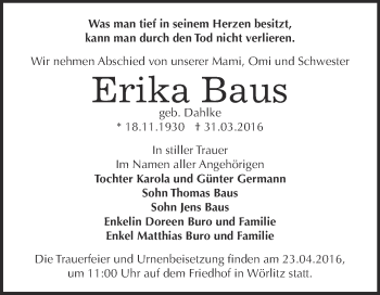 Traueranzeige von Erika Baus von WVG - Wochenspiegel Dessau / Köthen