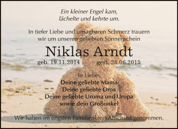 Traueranzeige von Niklas Arndt von Super Sonntag Zeitz