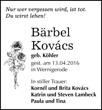 Traueranzeige von Bärbel Kovács von Mitteldeutsche Zeitung Quedlinburg