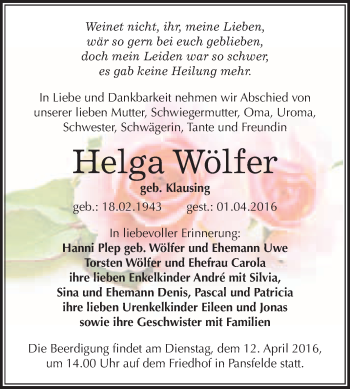 Traueranzeige von Helga Wölfer von WVG - Wochenspiegel Quedlinburg