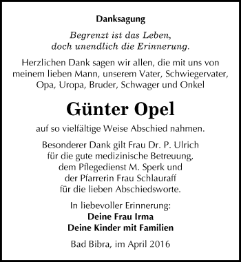 Traueranzeige von Günter Opel von Mitteldeutsche Zeitung Naumburg/Nebra