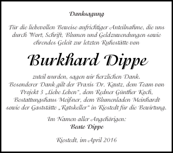 Traueranzeige von Burkhard Dippe von Super Sonntag SGH Mansf. Land