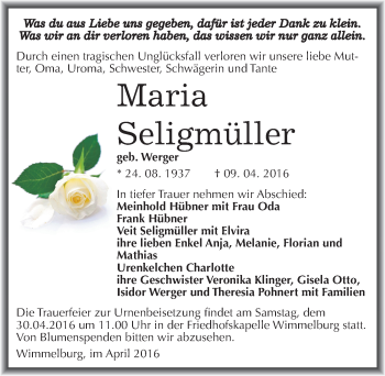 Traueranzeige von Maria Seligmüller von Mitteldeutsche Zeitung Mansfelder Land