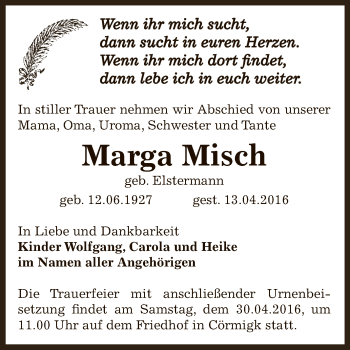 Traueranzeige von Marga Misch von Super Sonntag Bernburg
