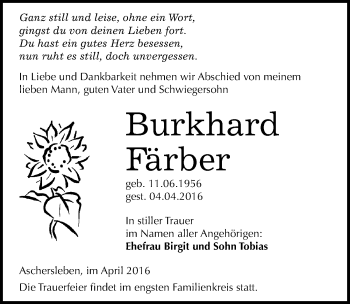 Traueranzeige von Burkhard Färber von Mitteldeutsche Zeitung Aschersleben