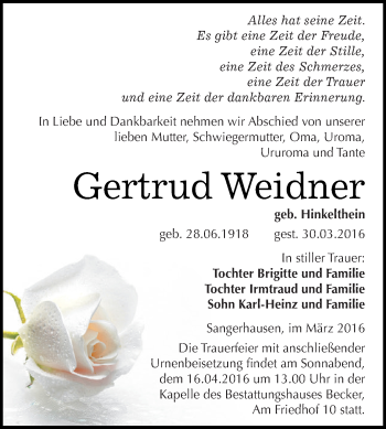 Traueranzeige von Gertrud Weidner von Super Sonntag SGH Mansf. Land