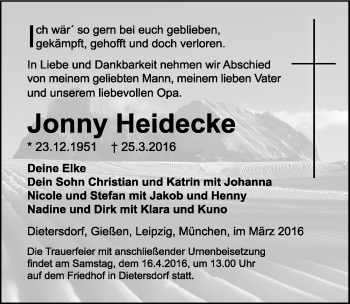 Traueranzeige von Jonny Heidecke von Mitteldeutsche Zeitung Sangerhausen
