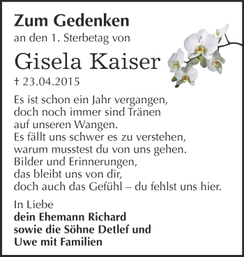 Traueranzeige von Gisela Kaiser von Super Sonntag Bernburg