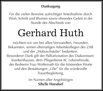 Traueranzeige von Gerhard Huth von WVG - Wochenspiegel Dessau / Köthen