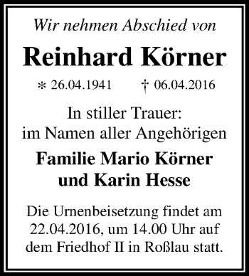 Traueranzeige von Reinhard Körner von Mitteldeutsche Zeitung Dessau-Roßlau