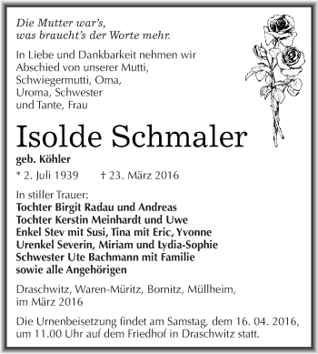 Traueranzeige von Isolde Schmaler von Super Sonntag Zeitz