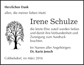 Traueranzeige von Irene Schulze von WVG - Wochenspiegel Wittenberg