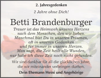 Traueranzeige von Betti Brandenburger von Super Sonntag Wittenberg