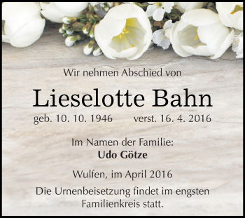 Traueranzeige von Lieselotte Bahn von WVG - Wochenspiegel Dessau / Köthen