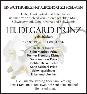 Traueranzeige von Hildegard Prinz von Mitteldeutsche Zeitung Halle/Saalkreis
