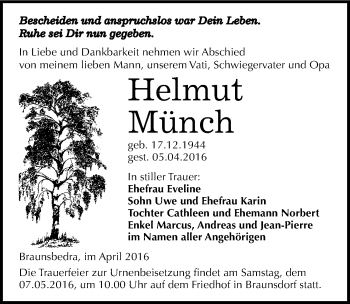 Traueranzeige von Helmut Münch von Mitteldeutsche Zeitung Merseburg/Querfurt