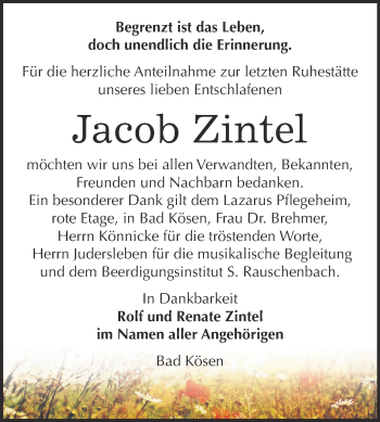 Traueranzeige von Jacob Zintel von WVG - Wochenspiegel NMB / WSF / ZTZ
