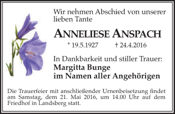Traueranzeige von Anneliese Anspach von Mitteldeutsche Zeitung Halle/Saalkreis