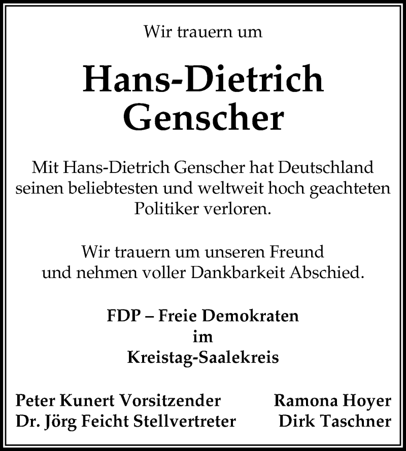  Traueranzeige für Hans-Dietrich Genscher vom 09.04.2016 aus WVG - Wochenspiegel Merseburg