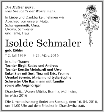 Traueranzeige von Isolde Schmaler von Mitteldeutsche Zeitung Zeitz