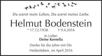 Traueranzeige von Helmut Bodenstein von WVG - Wochenspiegel Quedlinburg