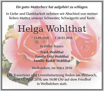 Traueranzeige von Helga Wohlthat von Mitteldeutsche Zeitung Mansfelder Land