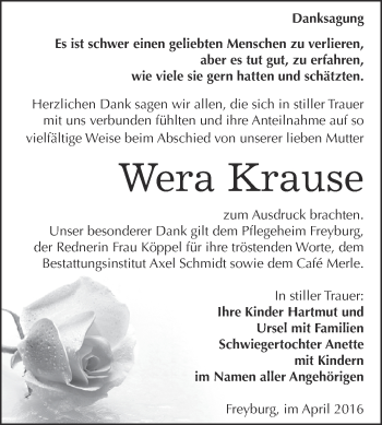 Traueranzeige von Wera Krause von WVG - Wochenspiegel NMB / WSF / ZTZ