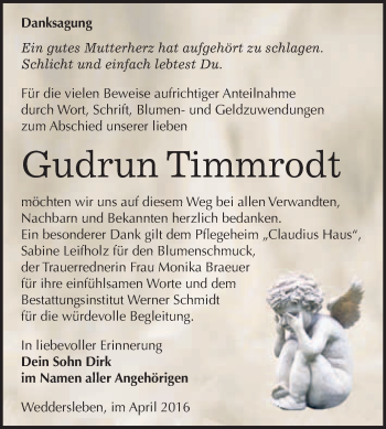 Traueranzeige von Gudrun Timmrodt von WVG - Wochenspiegel Quedlinburg