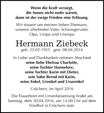 Traueranzeige von Hermann Ziebeck von Mitteldeutsche Zeitung Bernburg