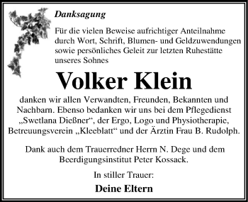 Traueranzeige von Volker Klein von Mitteldeutsche Zeitung Dessau-Roßlau