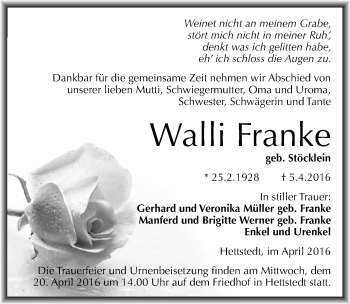 Traueranzeige von Walli Franke von Mitteldeutsche Zeitung Mansfelder Land