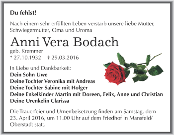 Traueranzeige von Anni Vera Bodach von Wochenspiegel Mansfelder Land