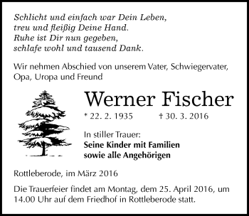 Traueranzeige von Werner Fischer von Mitteldeutsche Zeitung Sangerhausen
