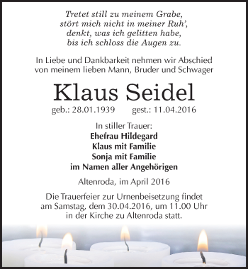 Traueranzeige von Klaus Seidel von Mitteldeutsche Zeitung Naumburg/Nebra
