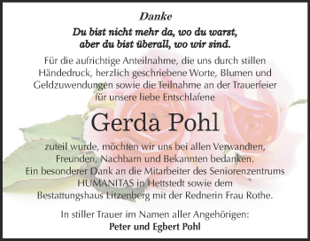 Traueranzeige von Gerda Pohl von Wochenspiegel Mansfelder Land