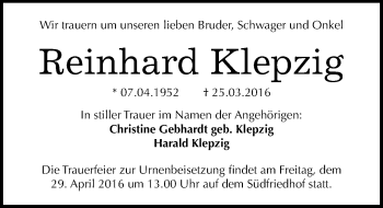 Traueranzeige von Reinhard Klepzig von Mitteldeutsche Zeitung Halle/Saalkreis