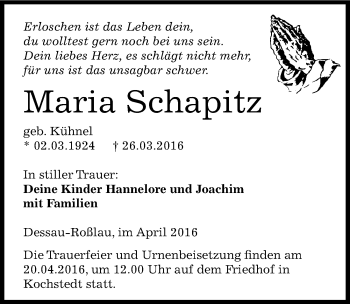 Traueranzeige von Maria Schapitz von Mitteldeutsche Zeitung Dessau-Roßlau