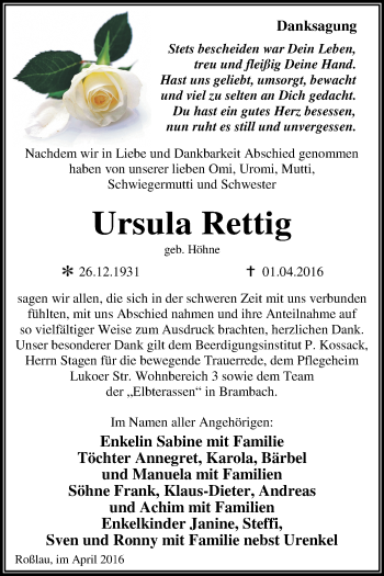 Traueranzeige von Ursula Rettig von WVG - Wochenspiegel Dessau / Köthen