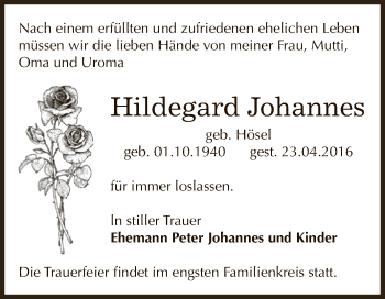 Traueranzeige von Hildegard Johannes von WVG - Wochenspiegel Dessau / Köthen