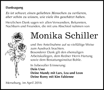 Traueranzeige von Monika Schiller von Mitteldeutsche Zeitung Merseburg/Querfurt
