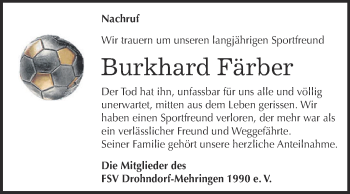 Traueranzeige von Burkhard Färber von Super Sonntag Aschersleben