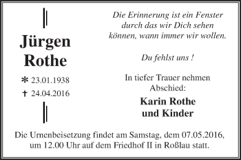 Traueranzeige von Jürgen Rothe von WVG - Wochenspiegel Dessau / Köthen