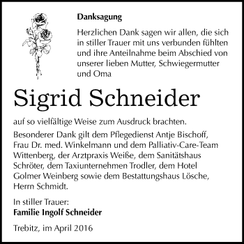 Traueranzeige von Sigrid Schneider von WVG - Wochenspiegel Wittenberg