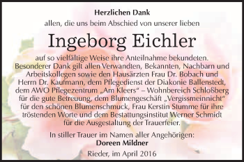 Traueranzeige von Ingeborg Eichler von WVG - Wochenspiegel Quedlinburg