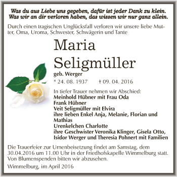 Traueranzeige von Maria Seligmüller von Wochenspiegel Mansfelder Land